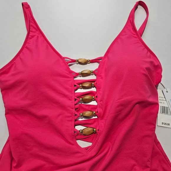 Bleu by Rod Beattie Beaded-Cutout One-Piece Swimsuit Rose Red Size 14 - Picture 6 of 14